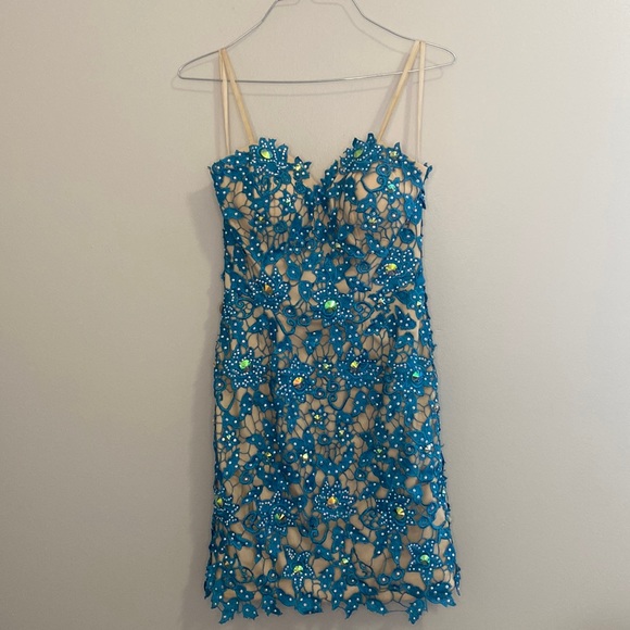 Vienna Prom Dresses & Skirts - FINAL SALE Vienna Prom nude and aqua blue studded short strapless prom dress